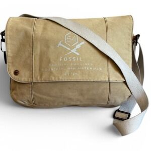 Fossil 54 Factory Machines Large Messenger Bag Khaki Canvas Leather Crossbody